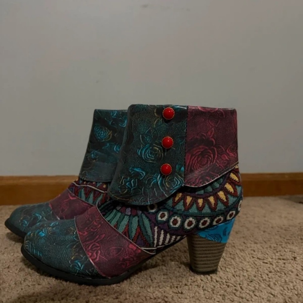 Colorful Floral Ankle Boots with Red Buttons